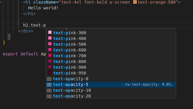 An example of using the Tailwind CSS IntelliSense plugin in the Visual Studio Code tool
