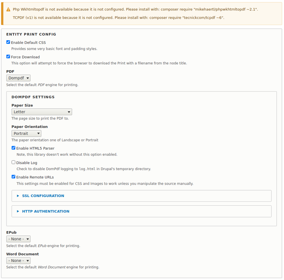 The Entity Print module's configuration