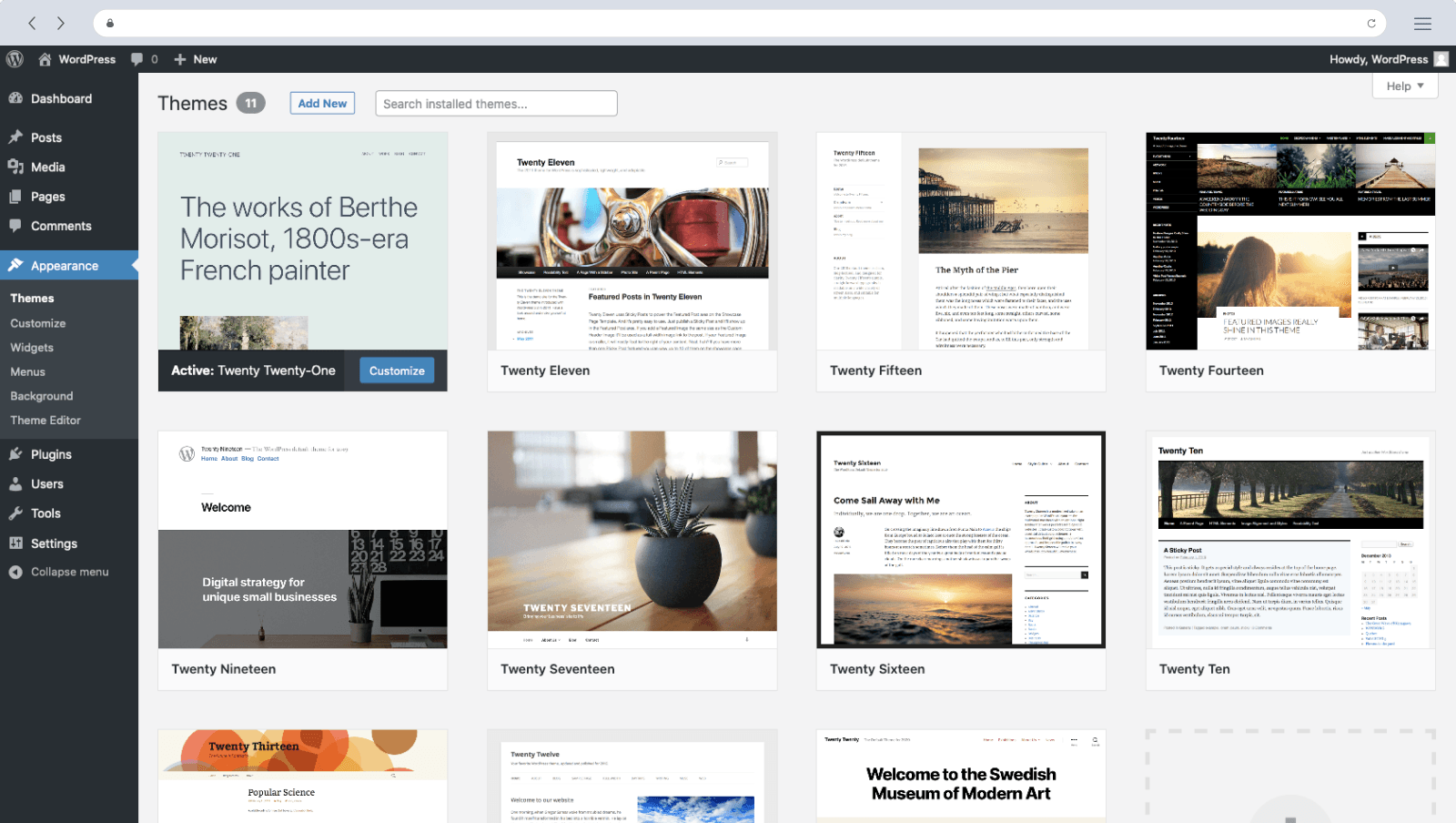 The themes available in WordPress, an open source website builder