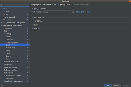 The view of the settings of PHP_CodeSniffer in the Quality Tools tab in PHPStorm