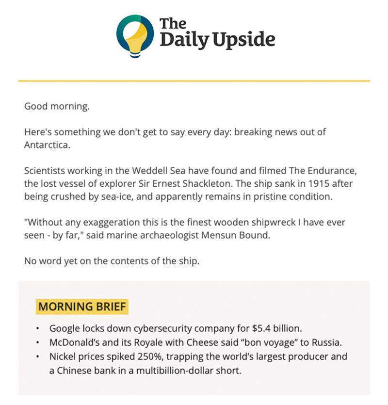 The Daily Upside website sends a financial newsletter with a summary of recent events on the market