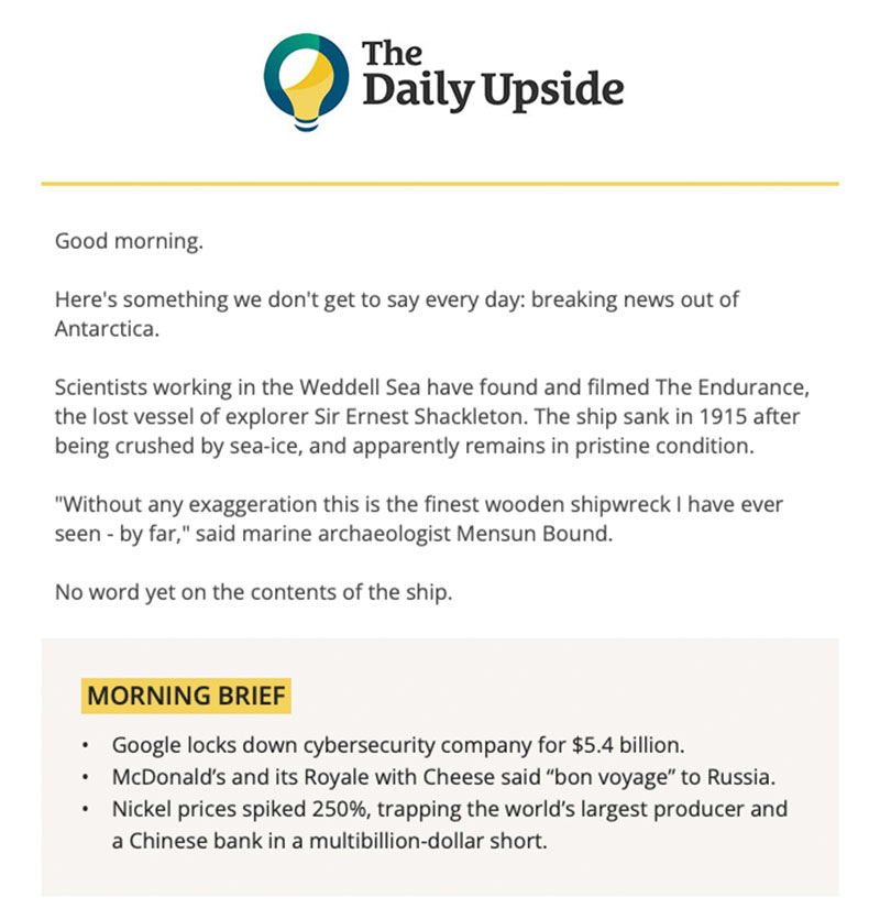 Die Website von The Daily Upside sendet einen Finanz-Newsletter mit einer Zusammenfassung der neuesten Ereignisse auf dem Markt