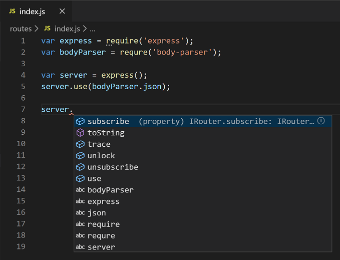 Code completions in Visual Studio Code, a code editor.