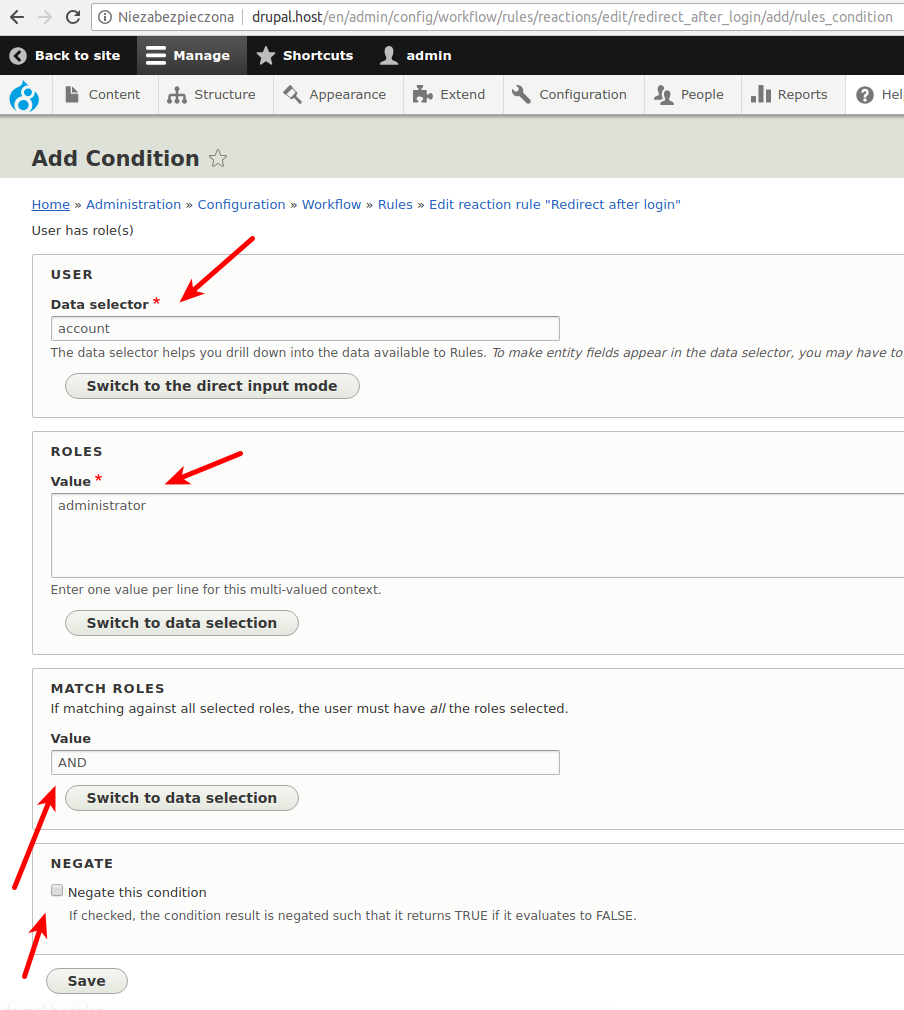 Rules module conditions