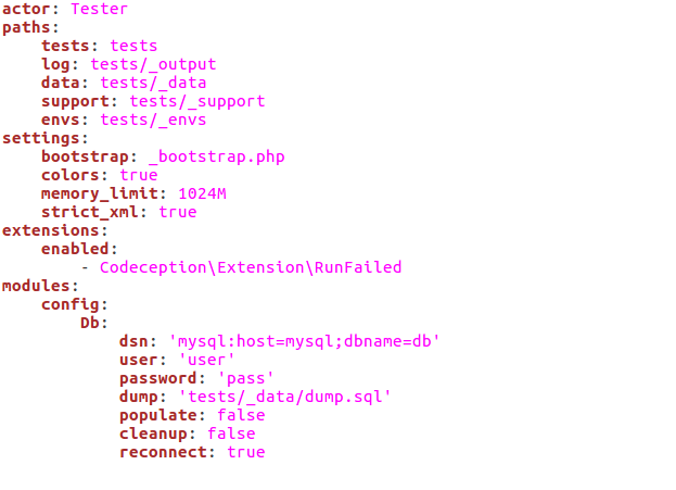 Picture. The general configuration of codeception.yml file