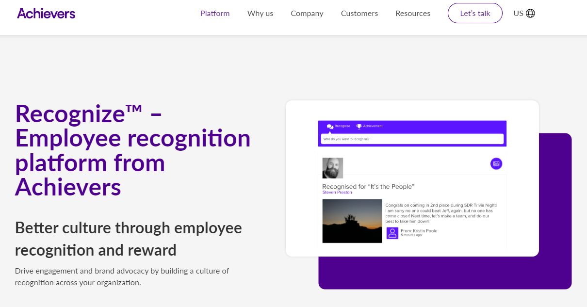 The landing page of Recognize - one of the service pages of the Achievers company