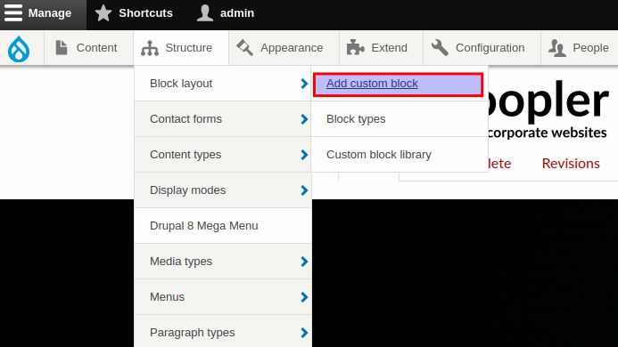 Link to add a custom block in Droopler
