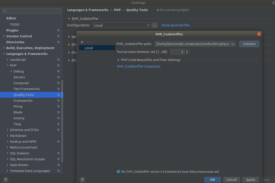Adding a path to the phpcs script for PHP_CodeSniffer in PHPStorm