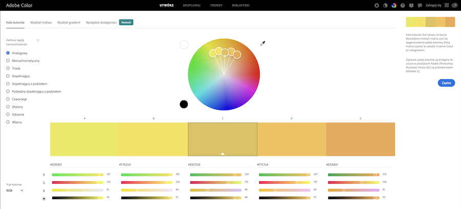 Adobe Color is a color picker tool that allows you to explore colors and compose color palettes.