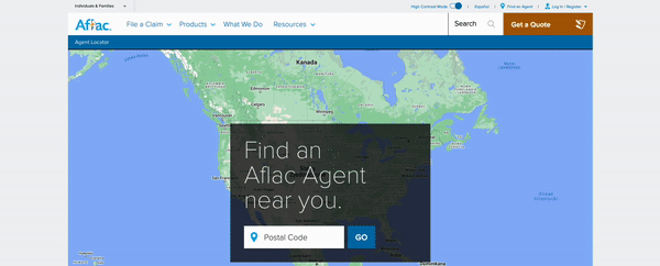 On Aflac's website, users can find an insurance agent in their area by using an interactive map. 