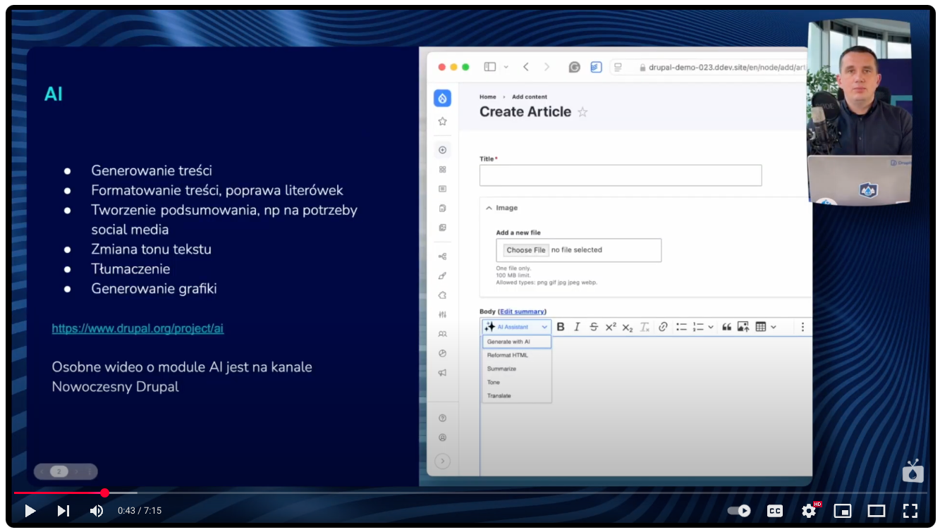 The AI module in Drupal lets the content editor generate text based on the given keywords.