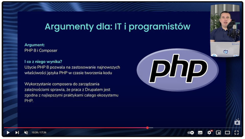 A presentation saying Drupal is the best CMS for developers because it uses PHP 8 and Composer.