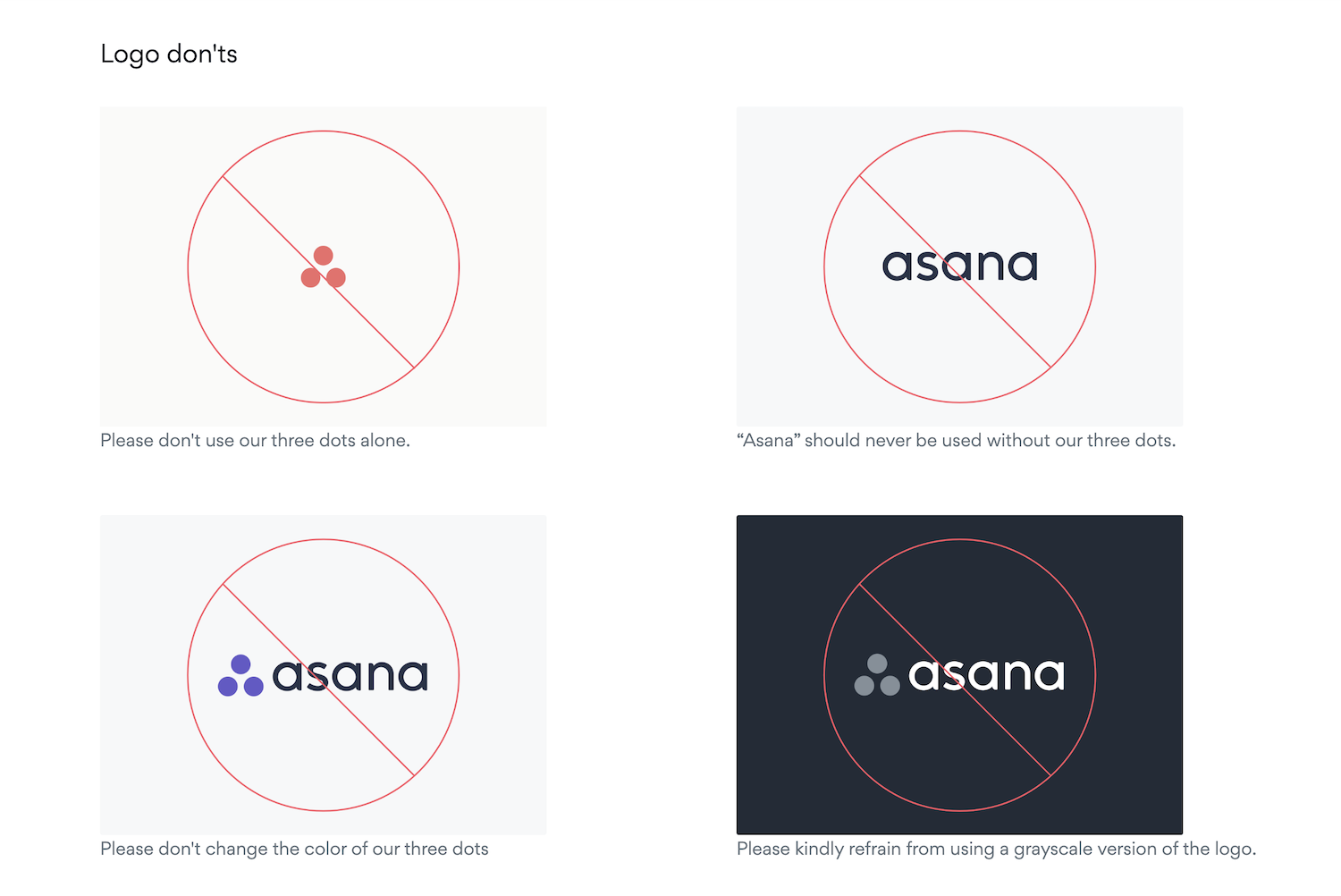 Asana brand's style guide includes a section on unauthorized logo modification practices online.