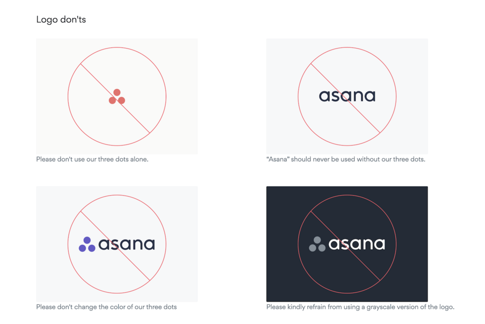 Asana brand's style guide includes a section on unauthorized logo modification practices online.