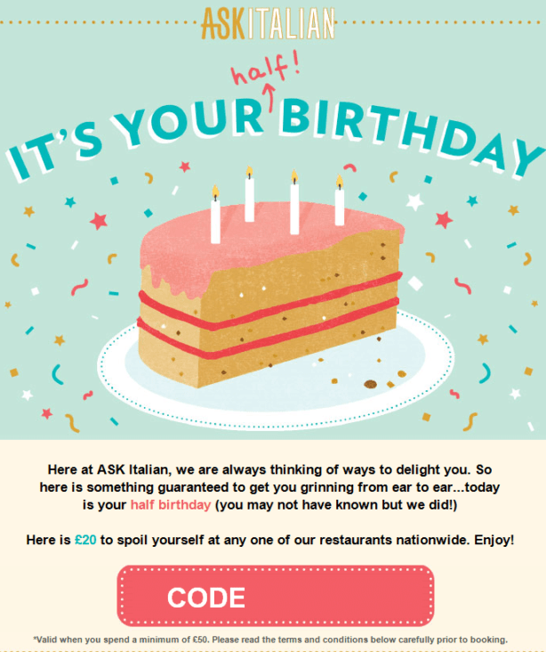 Within the personalized email marketing, ASK Italian sends a birthday email with a discount