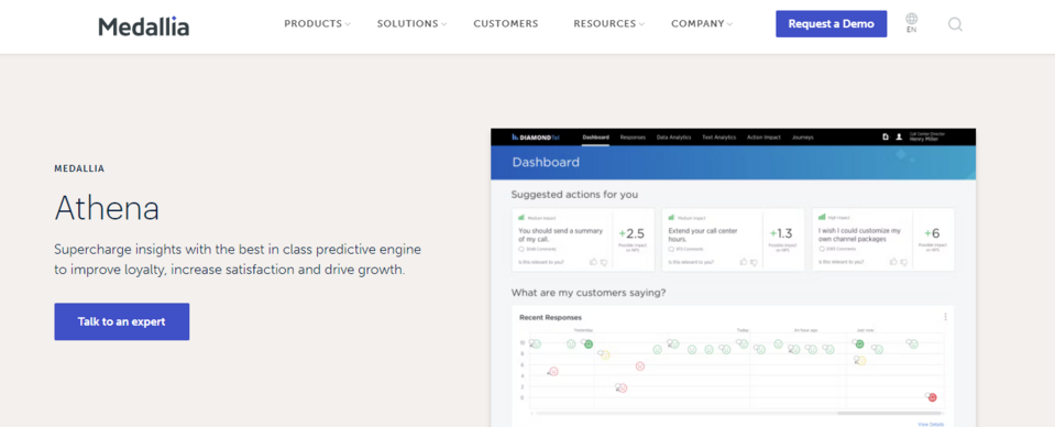 Die Athena, ein Tool von Medallia, Seite ist ein gutes Beispiel für eine Service-Seite