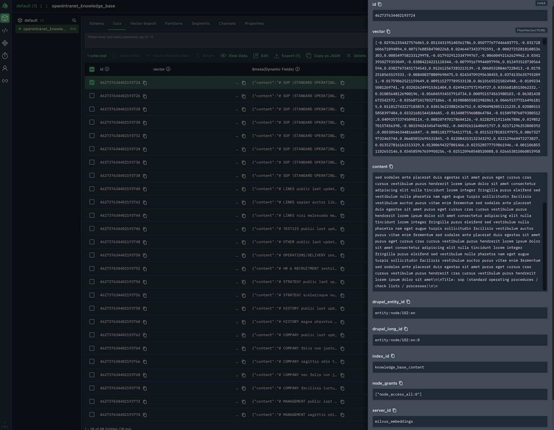 Screenshot showing the Attu interface connected to the Milvus vector database.