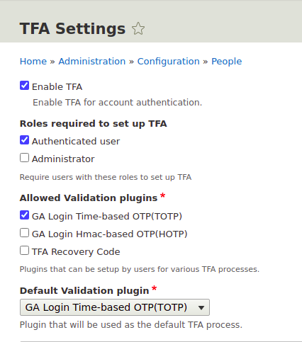 Authentication plugins available in the TFA Settings