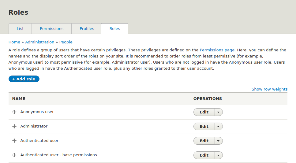 The list of all available roles on our Drupal website, visible on the Roles page
