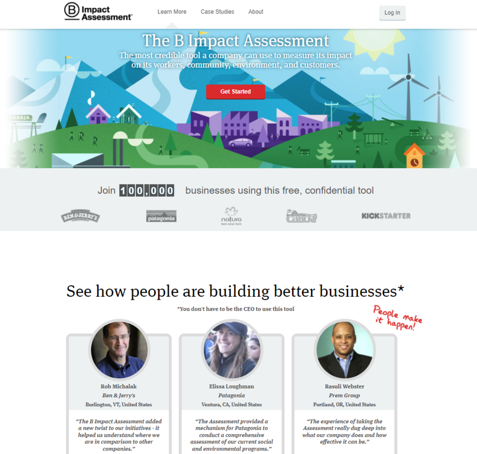 Die Hauptgrafik auf der B Impact Assessment-Website verweist auf ihren Zweck - die Förderung nachhaltiger Entwicklung