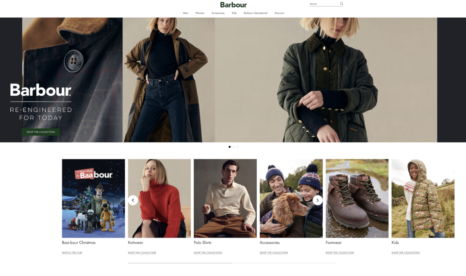 Der Barbour-Store bietet ein minimalistisches Layout, benutzerfreundliche Navigation und lehrreiche Inhalte.