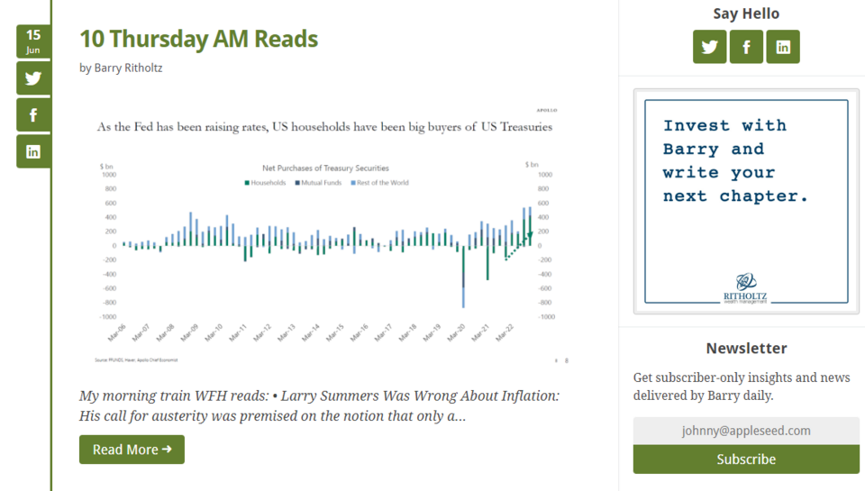 Barry L. Ritholtz from The Big Picture financial blog prepares daily portion of news for the readers