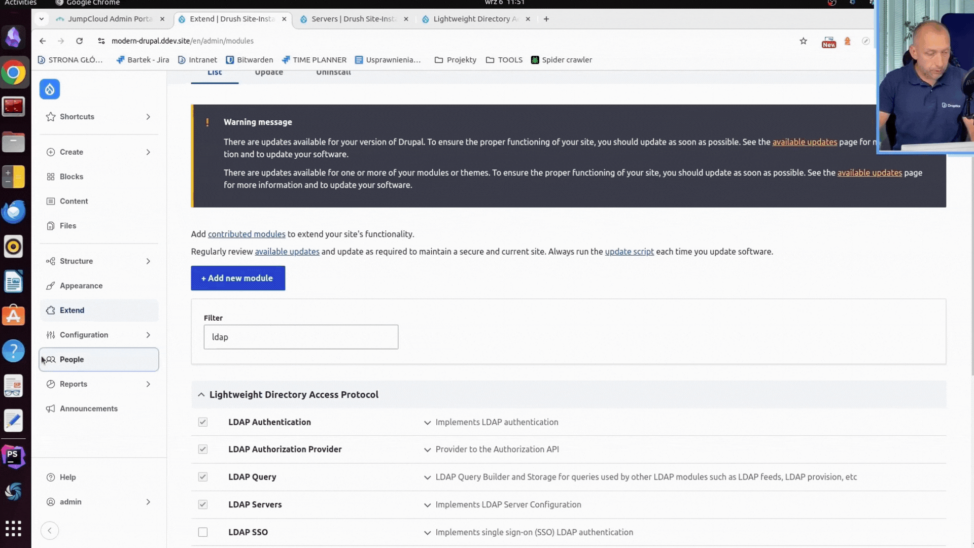Konfiguration des LDAP-Servers in Drupal durch Ausfüllen der Port- und Verschlüsselungsdetails von JumpCloud.