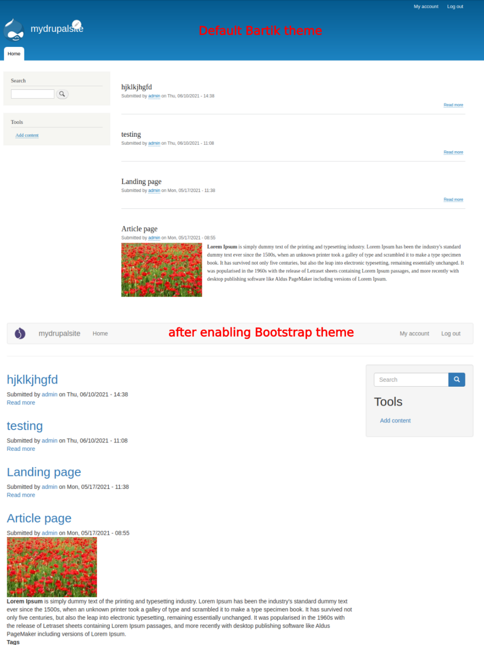 The default Bartik skin in Drupal before and after enabling the Bootstrap skin