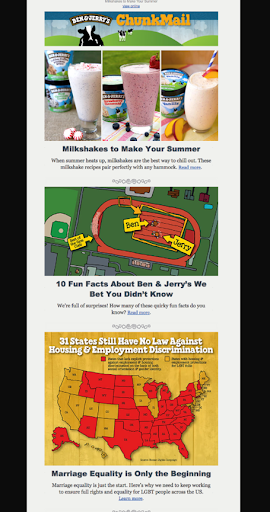 Das Design des Einzelhandels-Newsletters von Ben & Jerry's enthält schöne Fotos und comicartige Grafiken