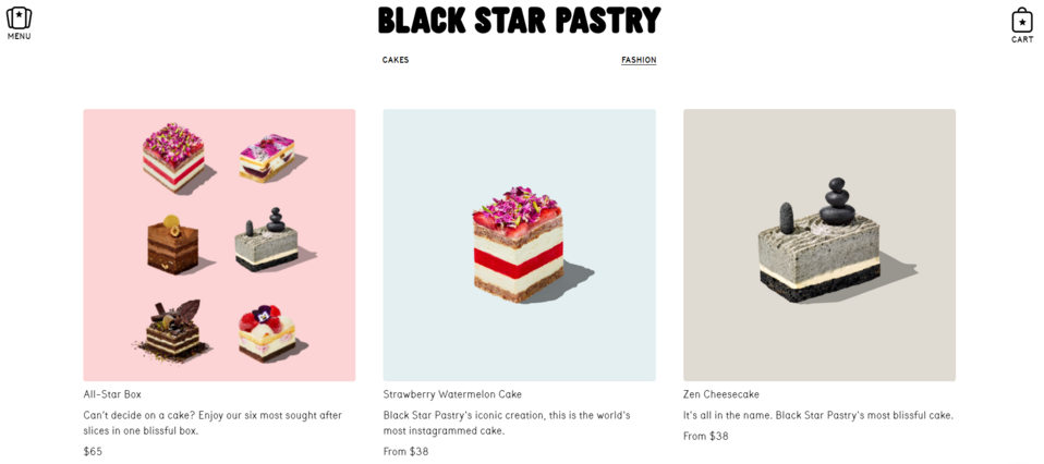 Bilder von ästhetischem Essen sind der Hauptvorteil der Black Star Pastry Website