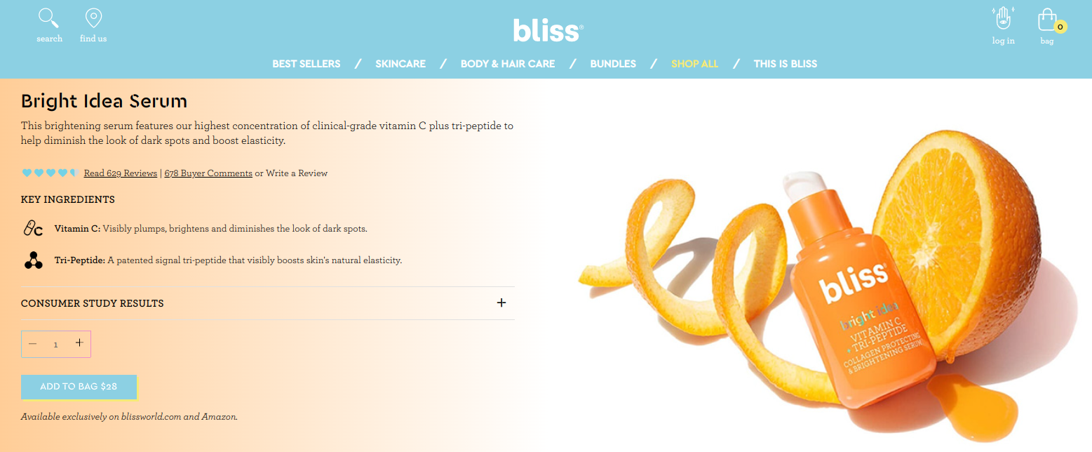 The Bliss ecommerce website uses the bag icon instead of the classic cart
