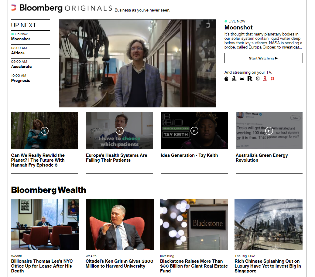 The Bloomberg website with stock market research includes financial indices, news, and rankings