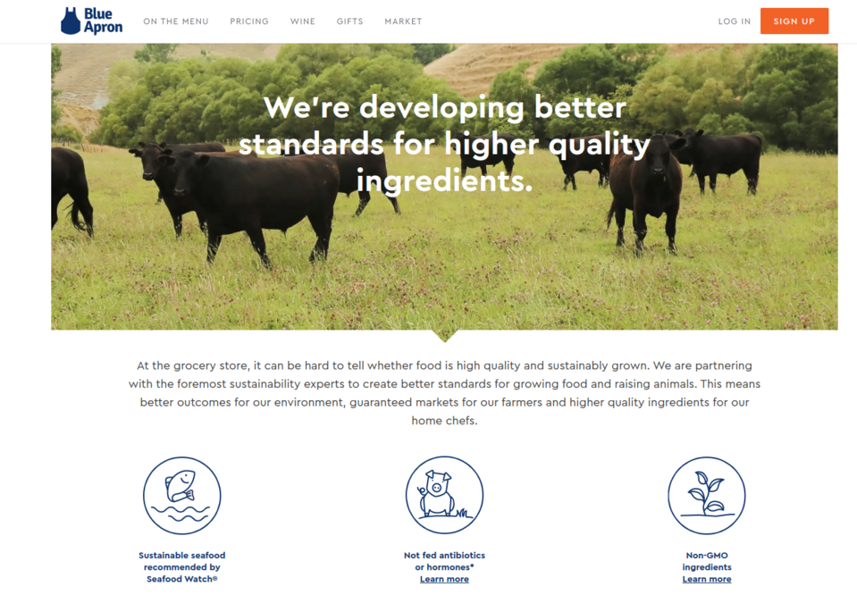 Die 'Über uns'-Seite von Blue Apron zeigt dem Kunden, wie er von ihrer Philosophie profitiert