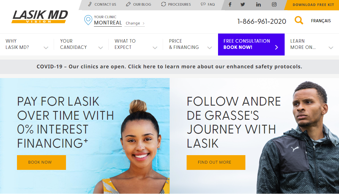 On the Lasik MD home page, there is a very visible CTA button to book an appointment