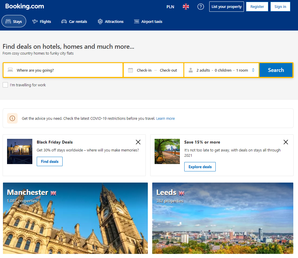 Booking.com is an example of a platform that can be an inspiration for creating an ecommerce startup that deals with making reservations in hotels