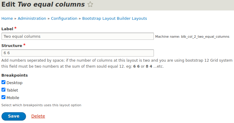The view of the settings of the the Bootstrap Layout Builder Layouts