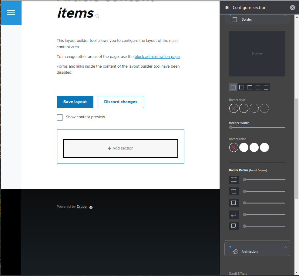 Configuring settings for a border in a section using the Bootstrap Layout Builder module