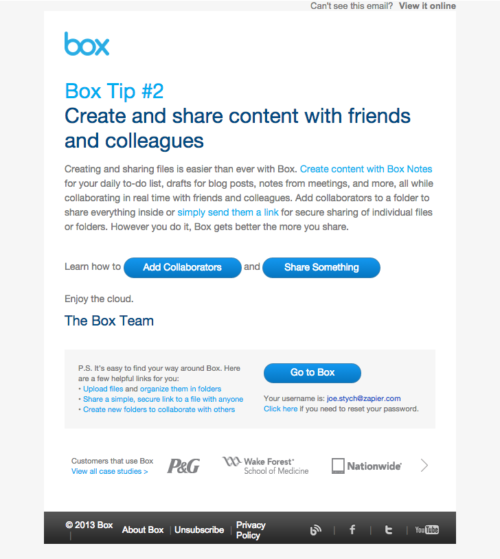 One of the messages within the drip email marketing campaign by Box
