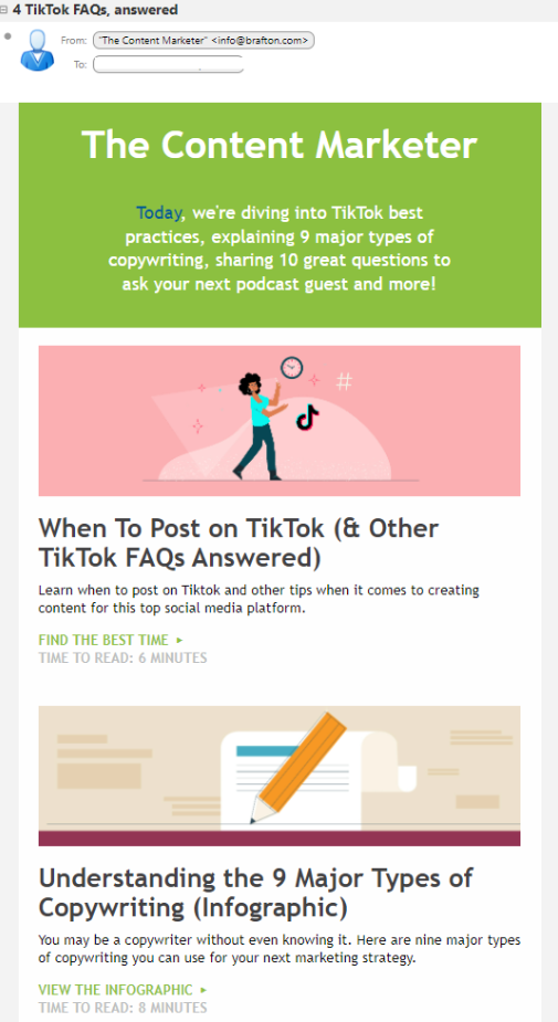 Der Newsletter der Marketingagentur Brafton zeichnet sich durch seine Farben und interessante CTAs aus