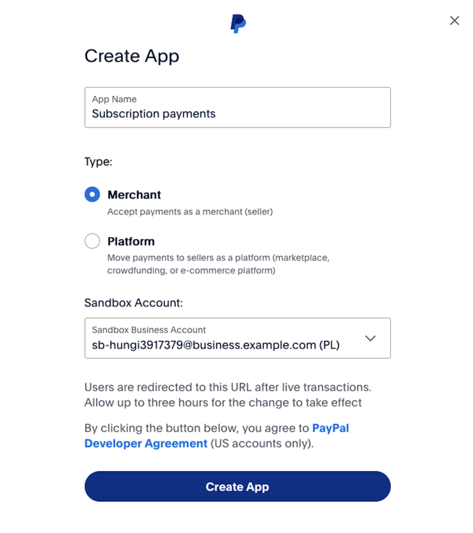 You can create a new application for an online store or marketplace platform in your PayPal account.