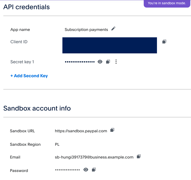 You can find a pair of keys in the PayPal account to communicate with the PayPal API for integration