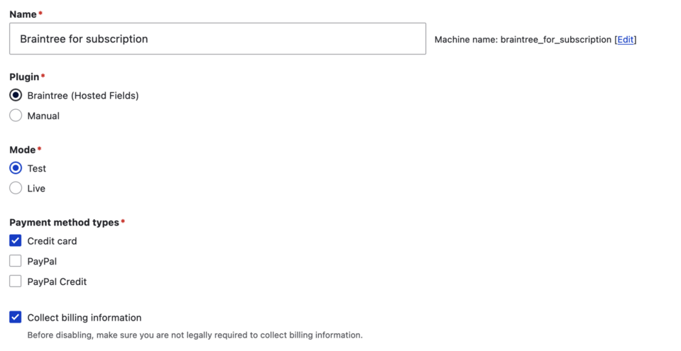 The example of configuring options on a Braintree account for an online store on Drupal Commerce.