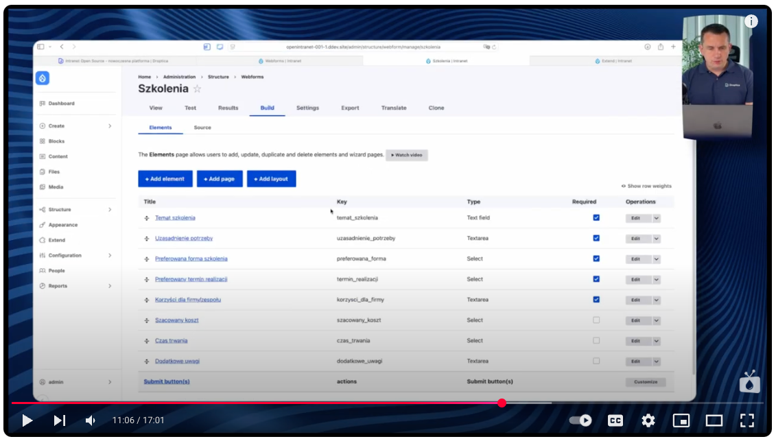 View of the field list of the request form in Open Intranet