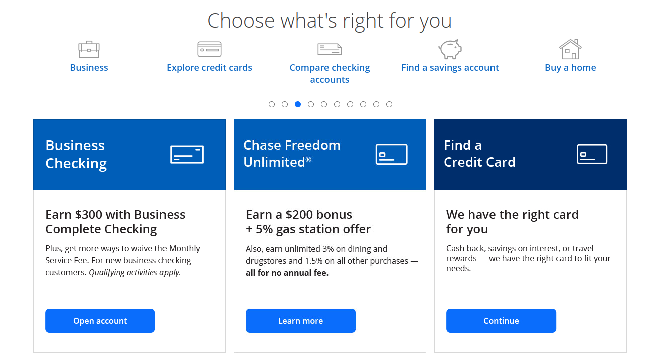 On the Chase bank website, the services are displayed on the home page