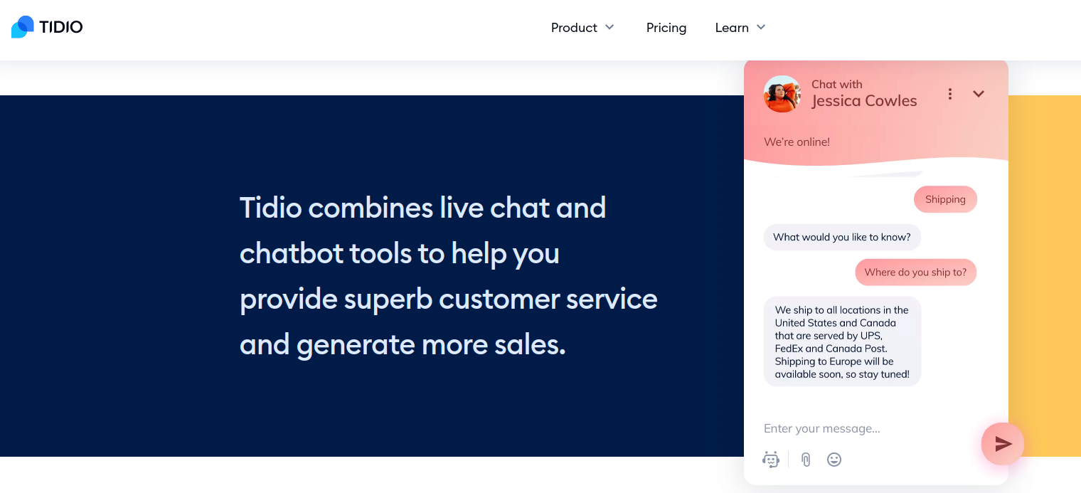 An example of a conversation with the Tidio company chatbot - one of the B2B ecommerce trends