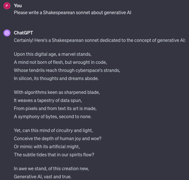 A ChatGPT conversation in which the chatbot generated a poem based on a work by Shakespeare.
