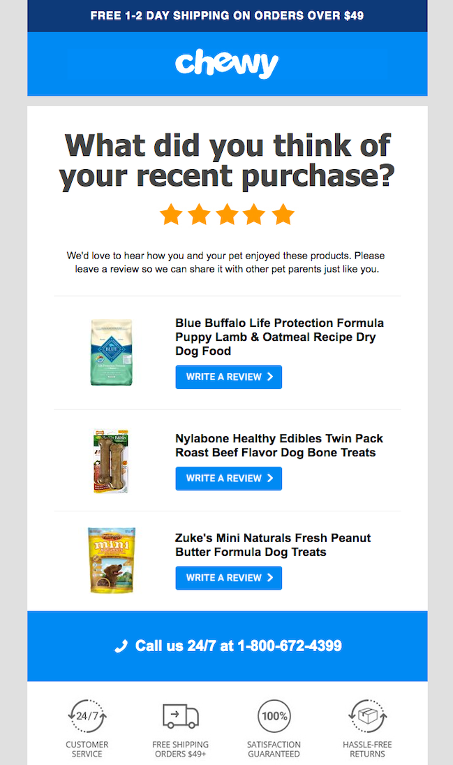 An automated email from Chewy, in which the company is asking for reviews of purchased products
