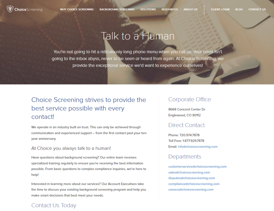 The Contact us page is a very important part of the Choice Screening website
