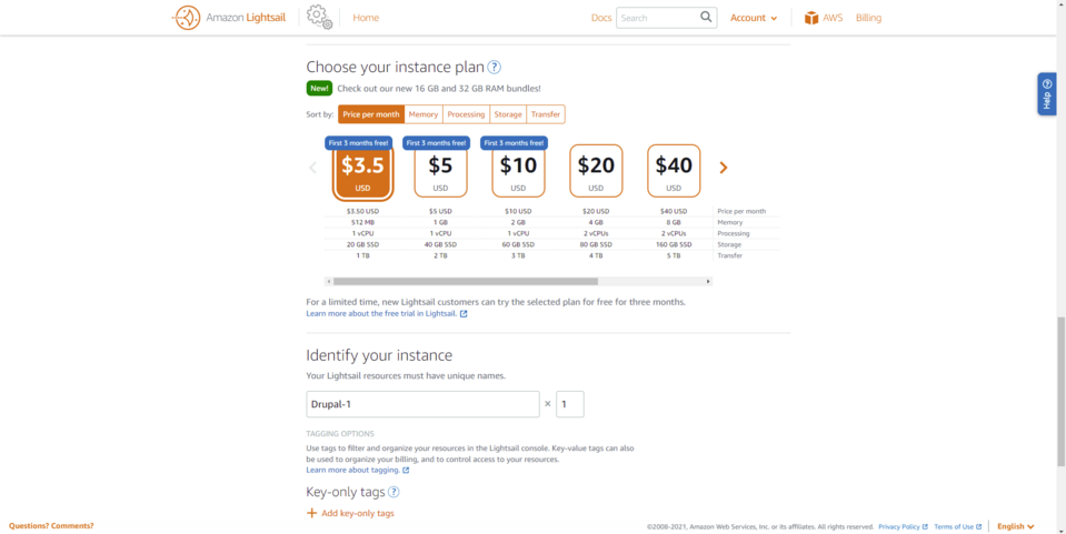 Choosing a plan for your instance on the Amazon Lightsail platform