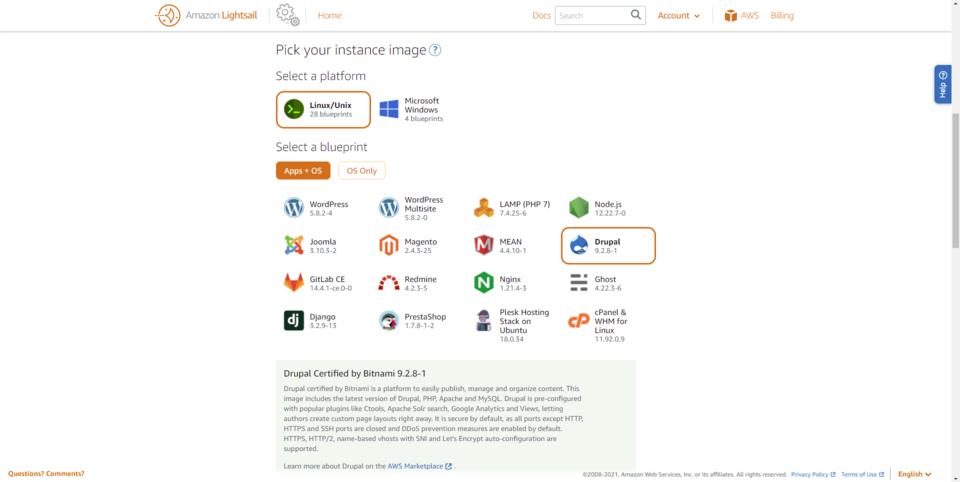 Choosing Drupal among the CMS systems possible to host on Amazon Lightsail